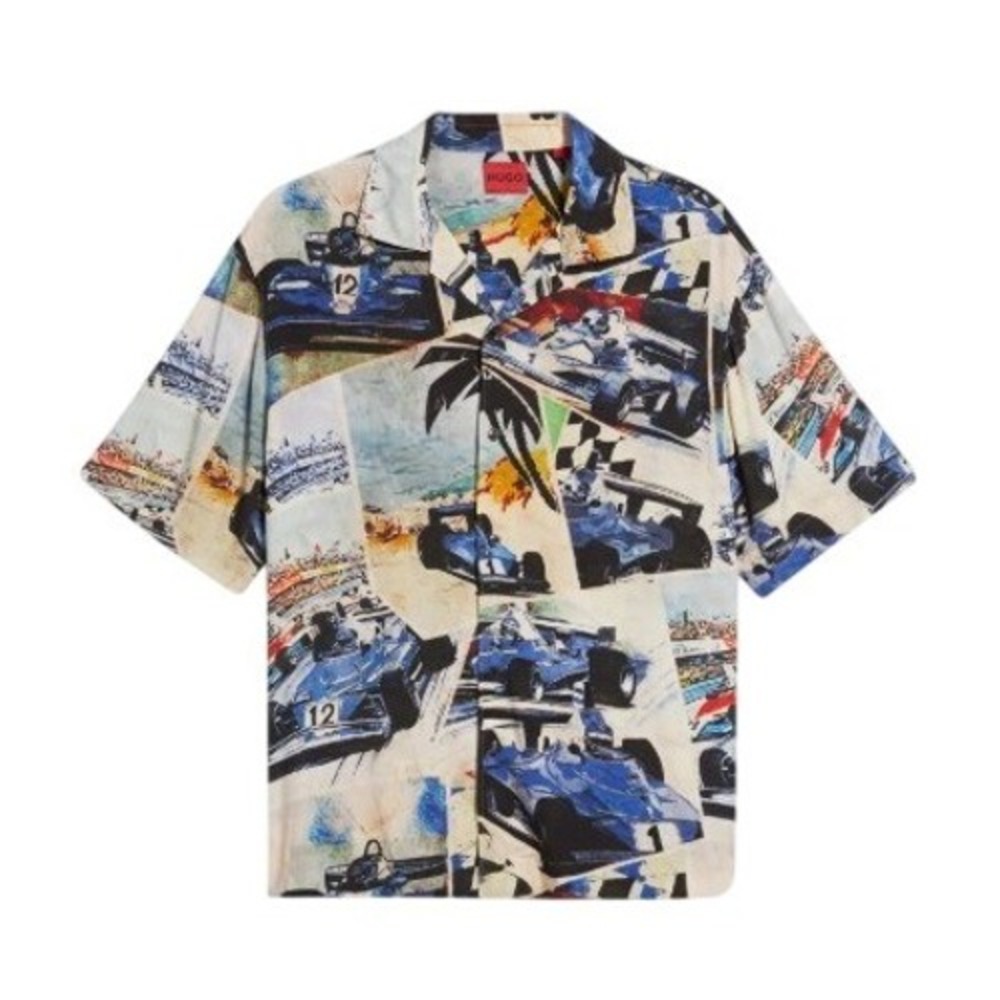 Hugo Boss Mens XXL Espino Race Car Print Camp Short Sleeve Shirt NWT